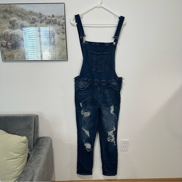 Nature Women’s Dark Wash Distressed Ripped Straight Leg Denim Overalls - Picture 1 of 13